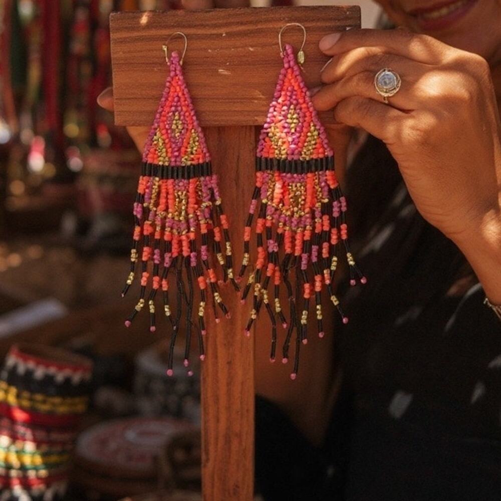 Boho Handmade OOAK Beaded Hanging Earrings Long Lightweight Pink Orange Black - Picture 2 of 10
